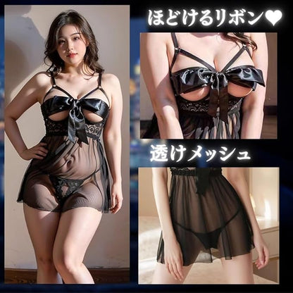 [MORApink] セクシー ベビードール 大きいサイズ XL-3XL 透け セクシーランジェリー リボン オープンバスト 穴あき ナイトウェア 過激 エロ下着 コスプレ