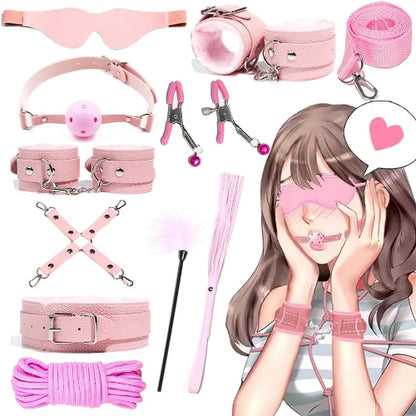 SMグッズ 拘束具 女性 11点セット【エoい陵o辱プレイが楽しめる】口枷 SMプレイ 首輪 手枷 足枷 アイマスク 調整可能 セックス玩具 アダルトグッズ 秘密梱包 ピンク  [アダルト]