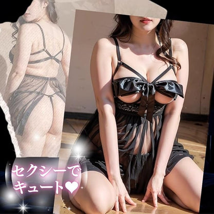 [MORApink] セクシー ベビードール 大きいサイズ XL-3XL 透け セクシーランジェリー リボン オープンバスト 穴あき ナイトウェア 過激 エロ下着 コスプレ