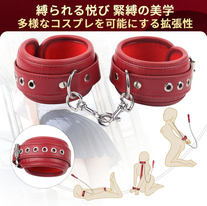 SMグッズ 手錠 手枷 首輪 人間 sm プレイ グッズ 拘束具 アダルトグッズ 女性 拘束グッズ グッズ女子用 大人のおもちゃ 束縛具 コスプレ 男 男性向け リード付き 調節可能 3点セット (レッド)  [アダルト]