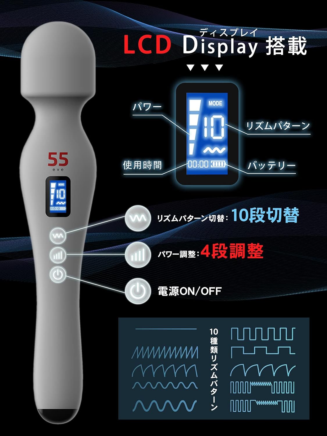 55evePRO コードレス最強クラス17,000rpm 液晶搭載プロスペック仕様 日本ブランド 4×10種振動 防水 シリコン素材 White