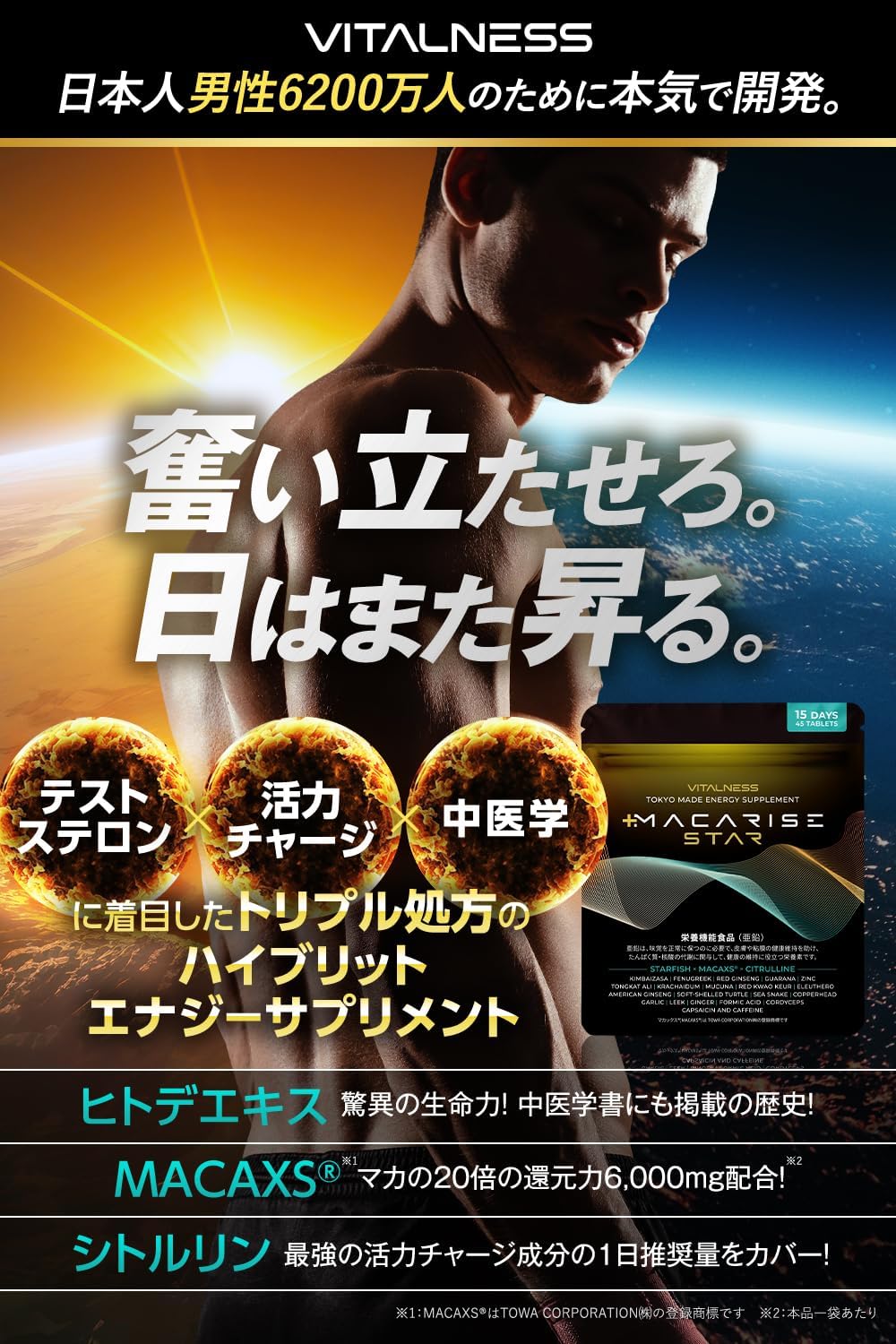 マカライズスター 15日分 45粒 亜鉛 マカ シトルリン ヒトデエキス すっぽん MACAXS 6,000mg Vitalness サプリ [栄養機能食品]