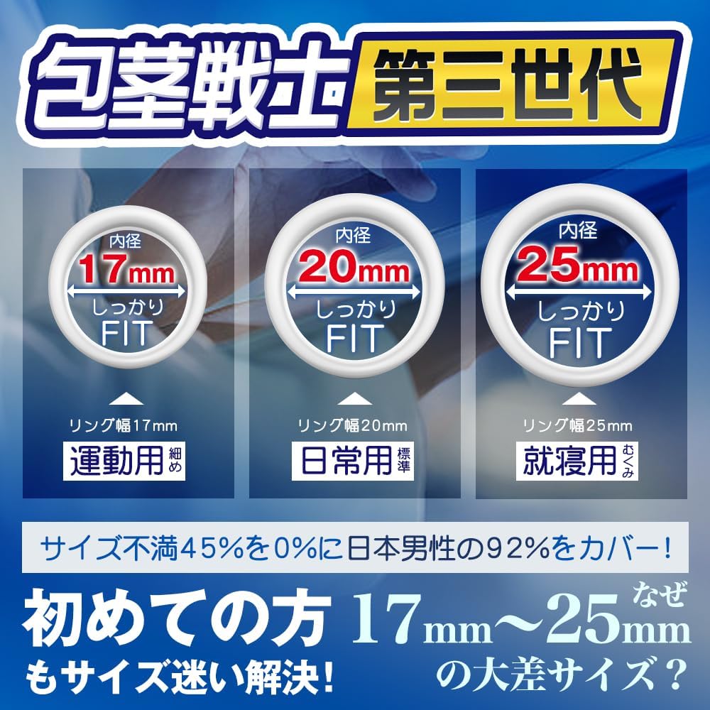 包茎戦士第3世代 コックリング 包茎リング ペニスリング 初～中等度包茎 3点セット 初めての方に 幅広21mm 運動/仕事/睡眠 3大革新 3シーン対応 人気 男性用 アダルトグッズ 大人のおもちゃ おなにーグッズ  [アダルト]