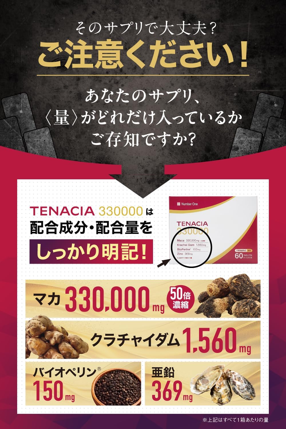 【配合量に自信】TENACIA 330000 マカ 330,000mg 亜鉛 369mg 栄養機能食品 サプリメント クラチャイダム 1,560mg バイオペリン 150mg 厳選4種配合 国内製造 PTP個包装 アルギニン シトルリン 筋トレ トレーニング 30日分 60粒